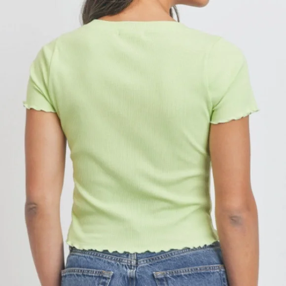 ❌DONATED❌Cherish Lime Green Lettuce Hem Ribbed Crop Top - Picture 4 of 12